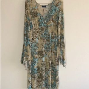 Flowery tan with turquoise light dress
